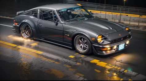 A (Nardo Grey coloured) wide-bodied 240Z with stretched hoonigan tires over Super Star Welle HDISK Wheel, driving through Japan ...