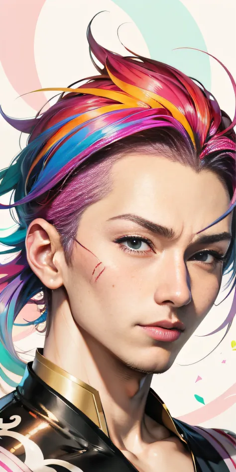 masterpiece, anime boy with detailed eyes, colorful hair and a colorful dress, rossdraws pastel vibrant, rossdraws cartoon vibra...