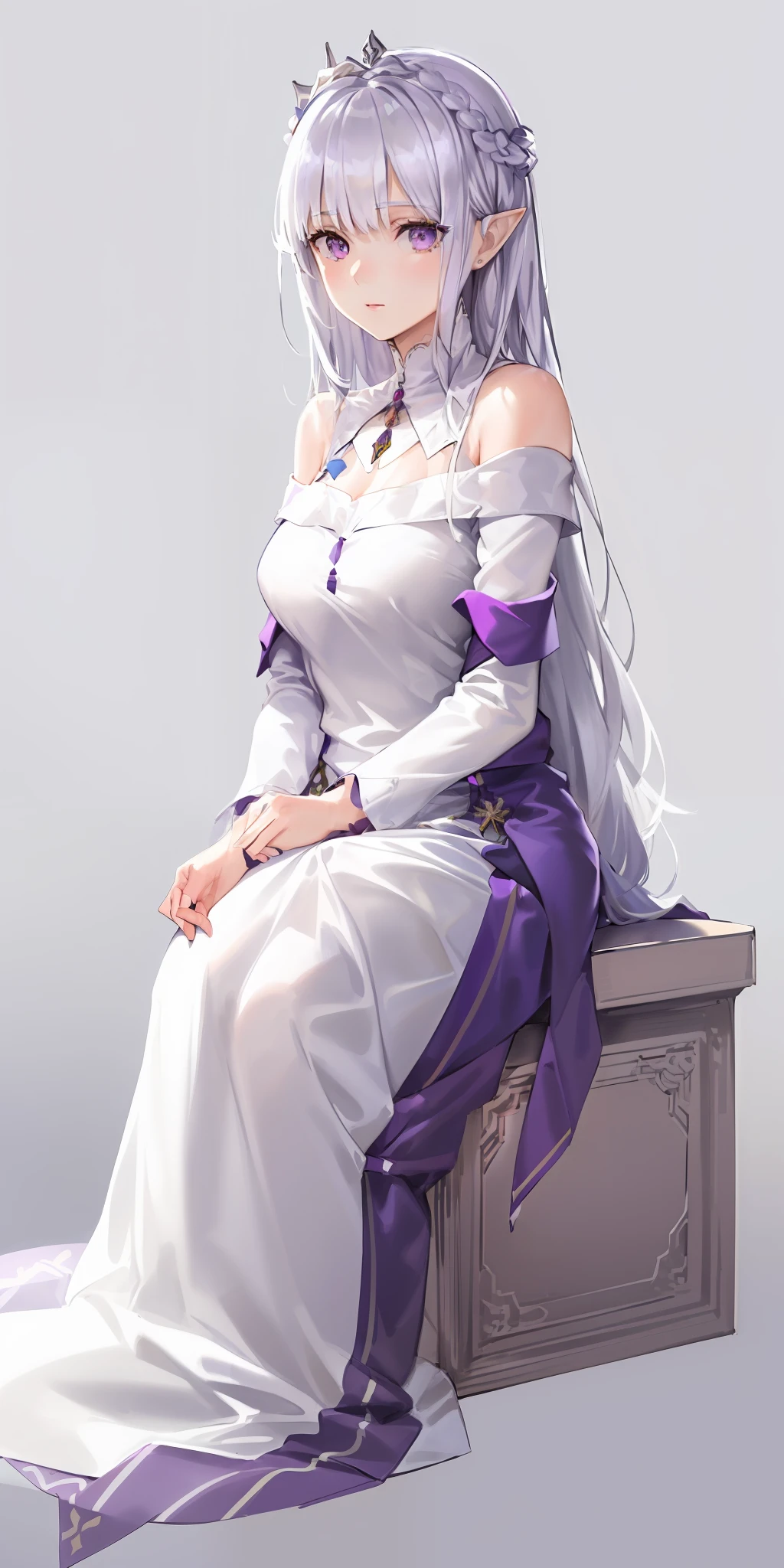 best quality,highly detailed,masterpiece,ultra-detailed,(realistic:1.2), 1girl,(white background),simple background,Delicate eyes,silver hair, purple eyes,hair_ornament,(white off-shoulder shirt:1.3),long hair,pointy_ears,crown_braid,expressionless,Straight hair,(++sitting:1.2), large breasts,