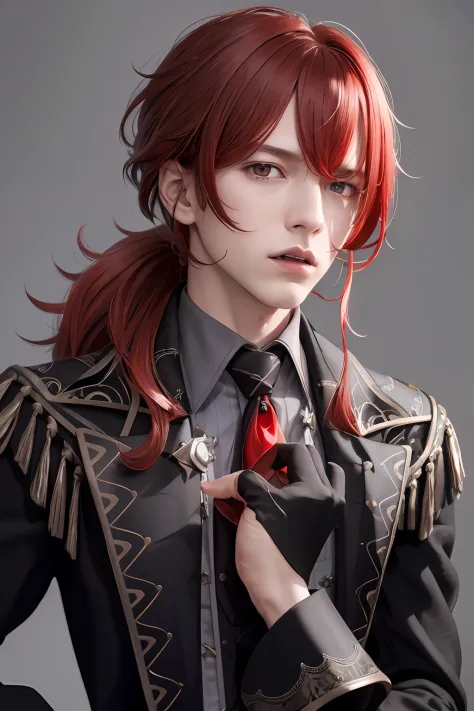 masterpiece, best quality,diluc (genshin impact), 1boy, red hair, male focus, long hair, gloves, solo, red eyes, bangs, long sle...