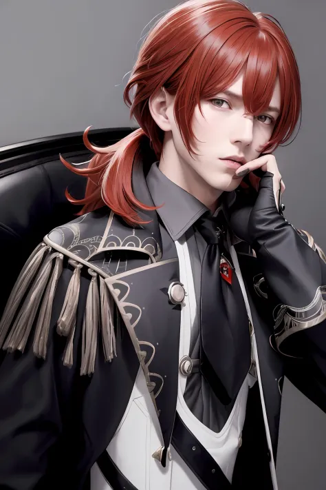 masterpiece, best quality,diluc (genshin impact), 1boy, red hair, male focus, long hair, gloves, solo, red eyes, bangs, long sle...