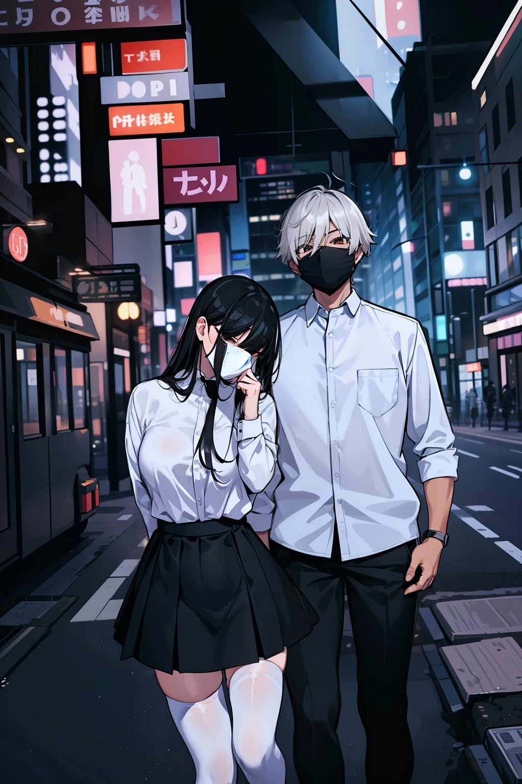 1boy, 1girl, black hair, black pants, black skirt, blonde hair, building, city, long hair, mask, mouth mask, outdoors, pants, photo background, shirt, skirt, skyscraper, surgical mask, thighhighs, white legwear, white shirt