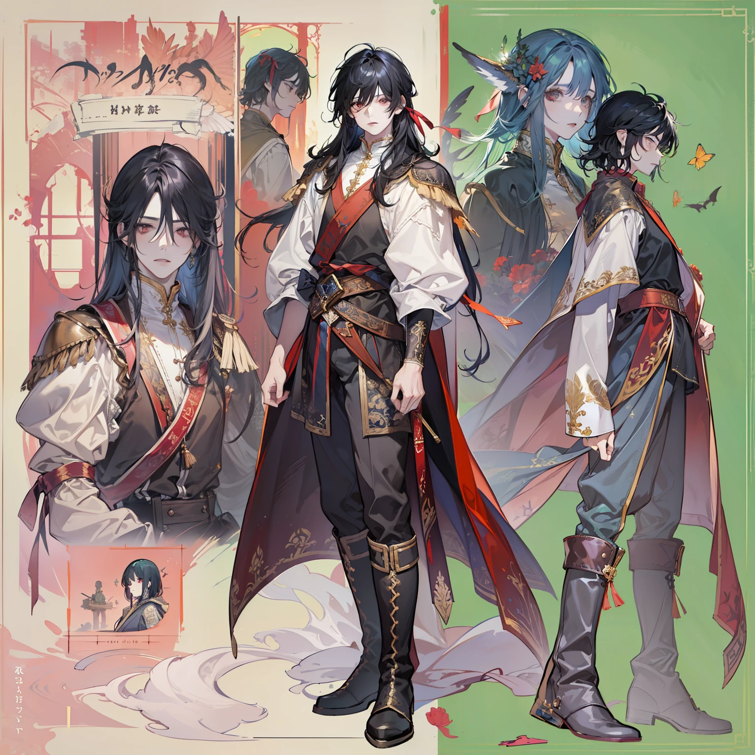 1 boy, solo, black hair, straight hair, flowing straight hair, red eyes, shirt, high boots, Lightweight clothing, medieval theme, looking at viewer, fantasy art, beautiful painting, guwaika style, epic exquisite character art, stunning characters, man, lean (reference sheet:1.5)