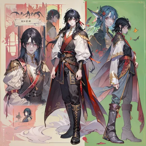 1 boy, solo, black hair, straight hair, flowing straight hair, red eyes, shirt, high boots, Lightweight clothing, medieval theme...