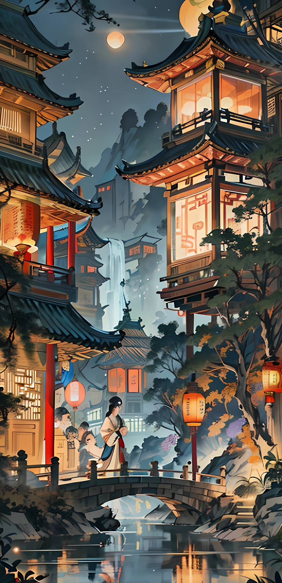 1girl,chinese clothes, hanfu,lantern,city, East Asian architecture,garden,street,building on mountain,light particles,firefly,night:1.5,moon,star,river, nature,neon lights,cyberpunk,outdoors,(Masterpiece, best quality, very detailed CG, complex details: 1.2), .