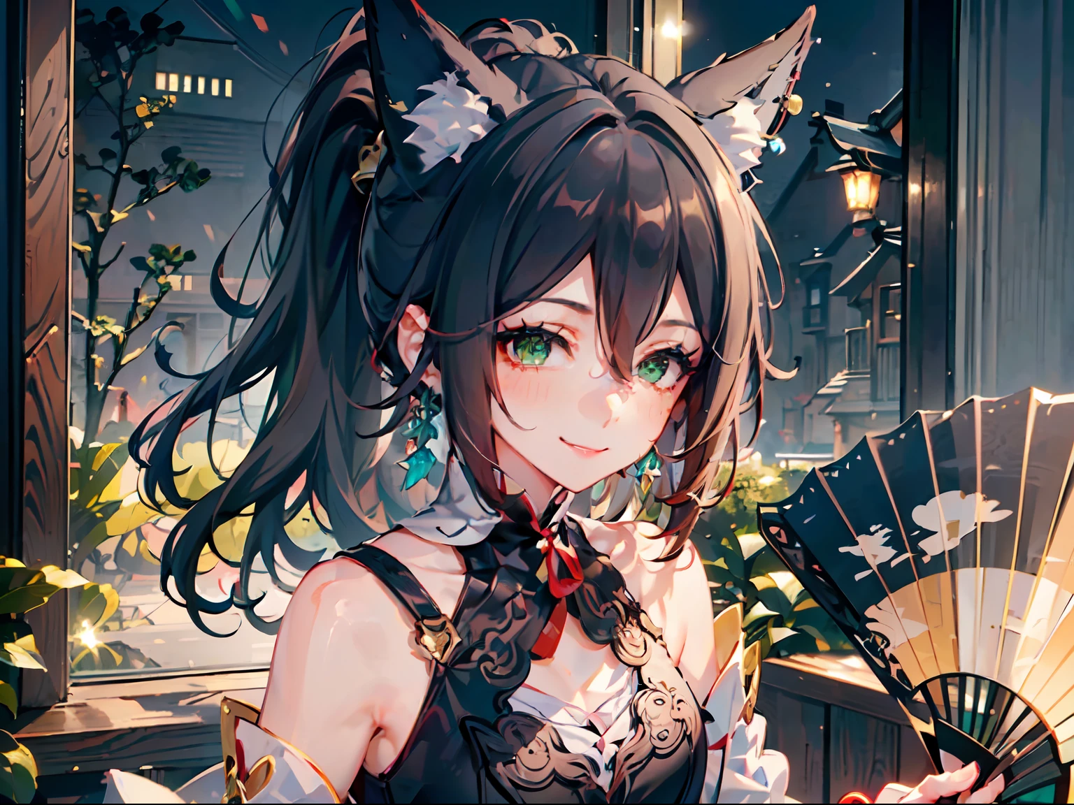 1girl, animal_ear_fluff, animal_ears, (bare_shoulders:1.1), (bracelet:1.1), earrings, green_eyes, (hair_between_eyes:1.2), (hand_fan:1.4), (holding:1.4), jewelry, lantern, ponytail, (smile:1.2), solo, tail, ((masterpiece)), ((pale skin)), ((detailed eyes)), (bokeh effect), (dynamic angle), dynamic pose, brown hair, ((uchiwa fan))