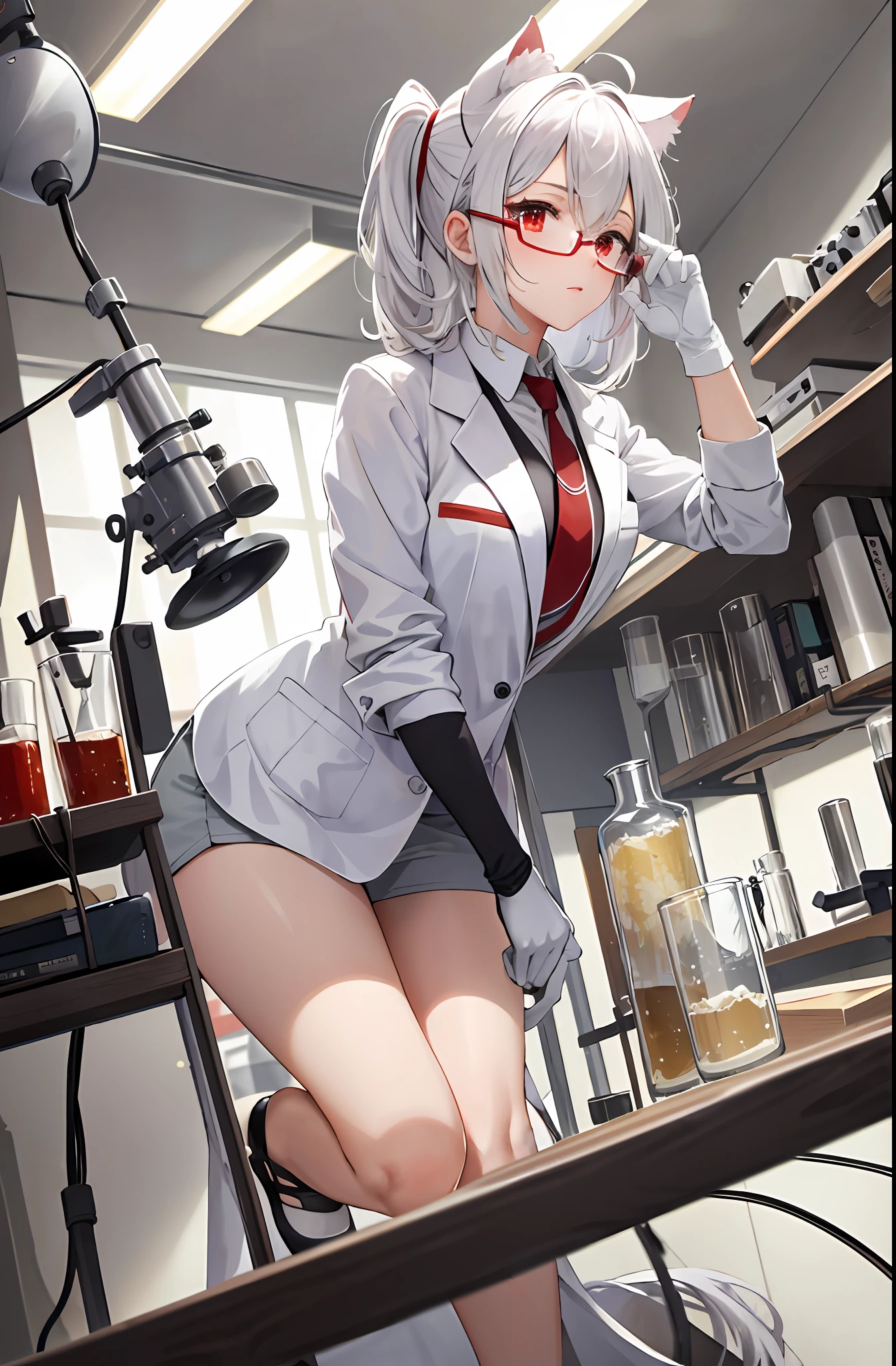 masterpiece, best quality, 1girl, laboratory, indoors, lab coat, white hair, red eyes, cat ears, necktie, round-bottom flask, glasses, gloves, microscope