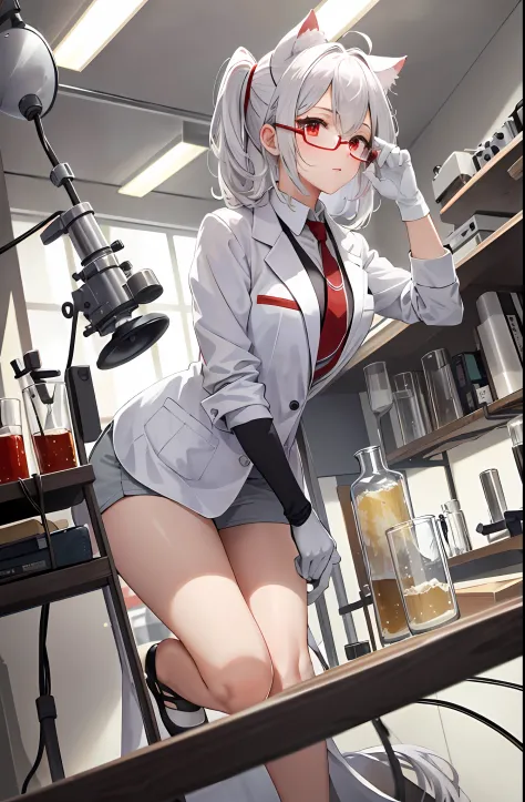 masterpiece, best quality, 1girl, laboratory, indoors, lab coat, white hair, red eyes, cat ears, necktie, round-bottom flask, gl...