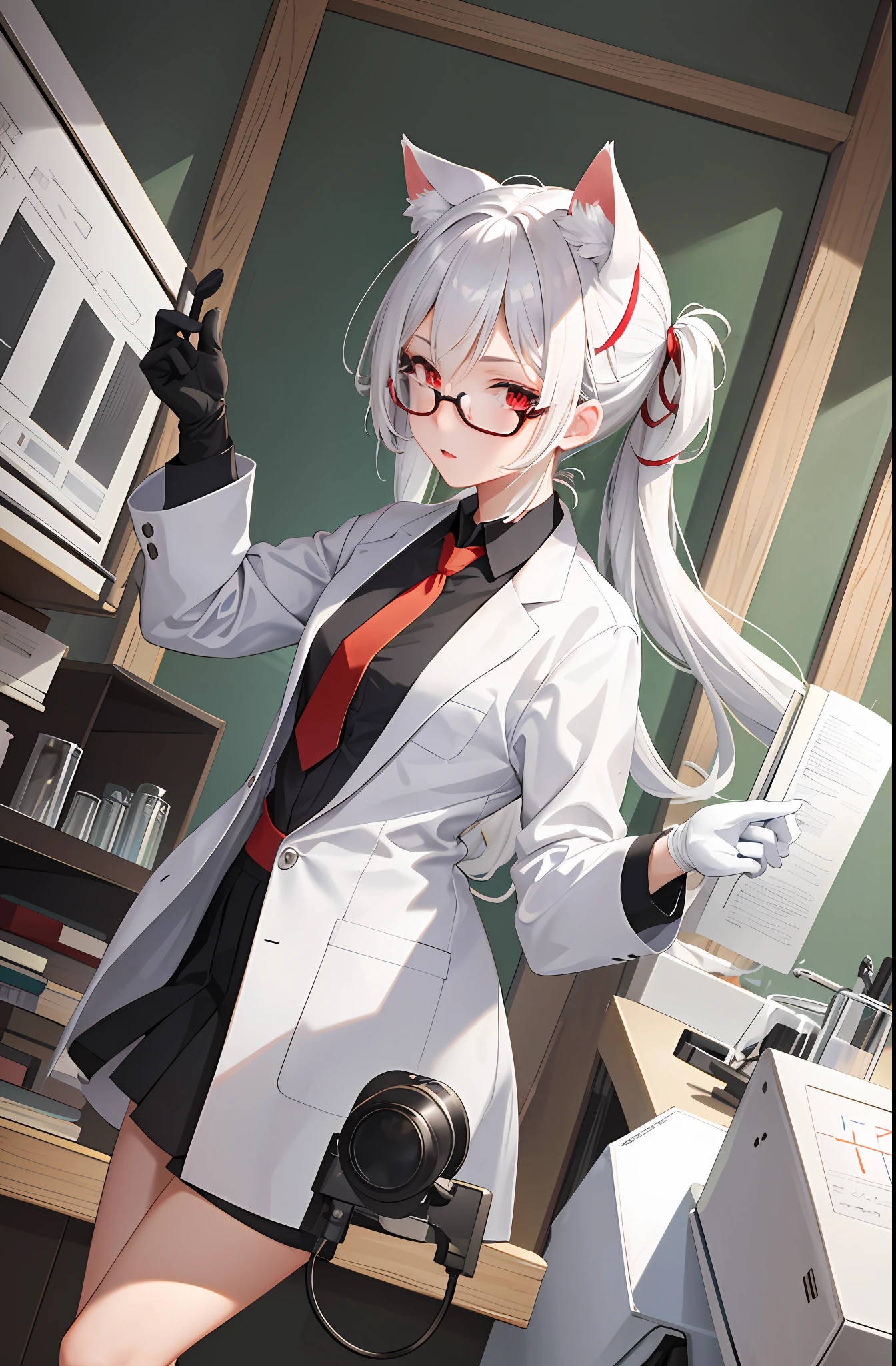 masterpiece, best quality, 1girl, laboratory, indoors, lab coat, white hair, red eyes, cat ears, necktie, round-bottom flask, glasses, gloves, microscope