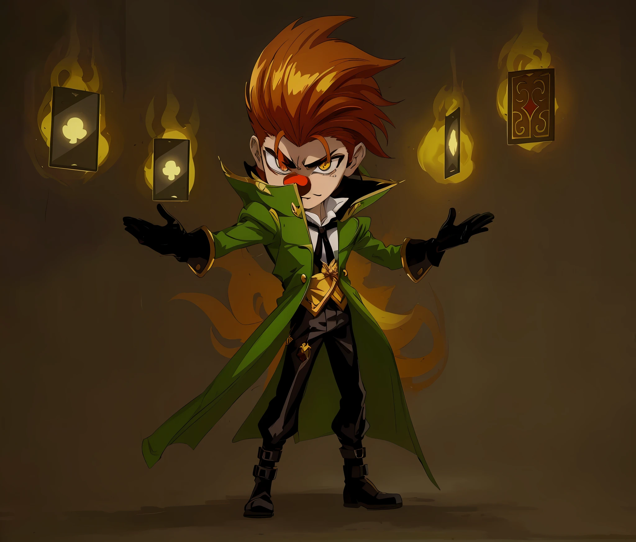 (Anime) . Close-up of a cartoon character with a green coat and red nose, Conception du personnage Demon Noble, Advanced Digital Chibi Art, Art des personnages de Maple Story, Evil male wizard, Chibi, Lancer un sort de feu, Dapper Dream Demon, Pose of the villain, inspired by Luigi Kasimir, Partie Brando, Style League of Legends, evil wizard, cast an evil spell . (Masterpiece: 1.8), k quality, final fantasy artwork concept, detailed manga eyes, detailed hair, detailed clothes, detailed body, sharper drawings, pronounced detailed face, shiny objects like jewelry, see the creases on the clothes, more rounded eyes, globular transparent liquid eyes, more colors, more consistent clothes , correct clothing features, better eye line, better shoulders, really colorful, coarser line, black line, finishing. (drowing (anime (manga (comics)))) (coarser stroke: 1.8) (black stroke: 1.8) (color: 1.8) (clean: 1.8) (color contrast: 1.8) (black outline: 1.8) (adjusted color contrast: 1.8) (shadow play: 1.8) (manga eyes: 1.8) (muscle: 1.5 ) (rendering homogeneous: 1.3)