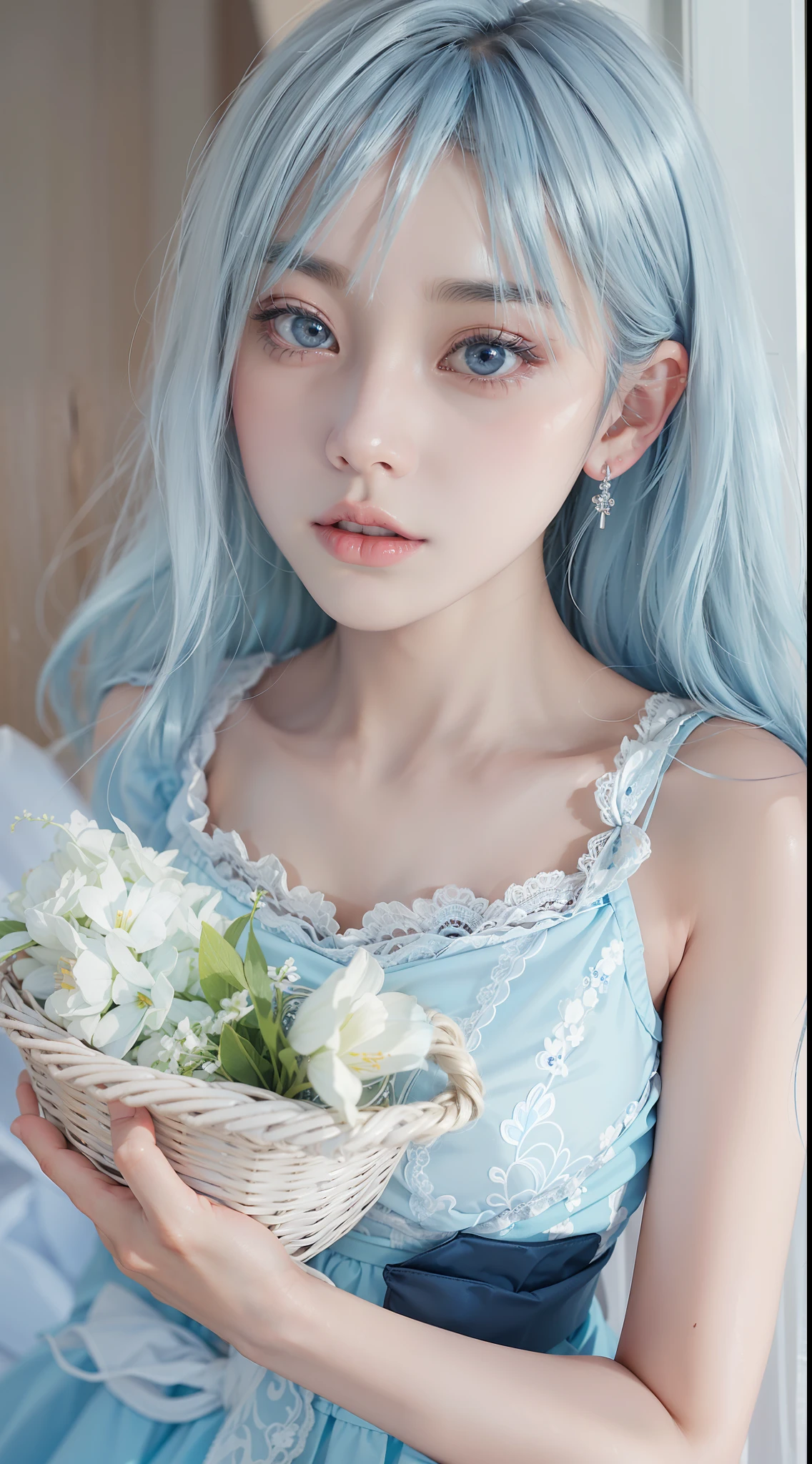 photogenic、top-quality、​masterpiece、Angle from above、Japan women、18 years old、pale blue blonde hair、Lustrous hair、Very short、Blue hair、Shortcut Korean Style Beauty、big eye、Double eyes、、White Ruffled Chiffon Sleeveless Top, White Tulle Maxi Skirt Dress, wicker basket bag.、Lace underwear、