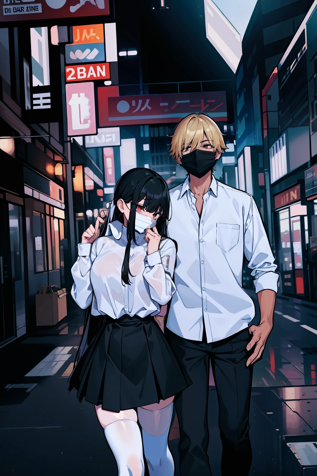 1boy, 1girl, black hair, black pants, black skirt, blonde hair, building, city, long hair, mask, mouth mask, outdoors, pants, photo background, shirt, skirt, skyscraper, surgical mask, thighhighs, white legwear, white shirt