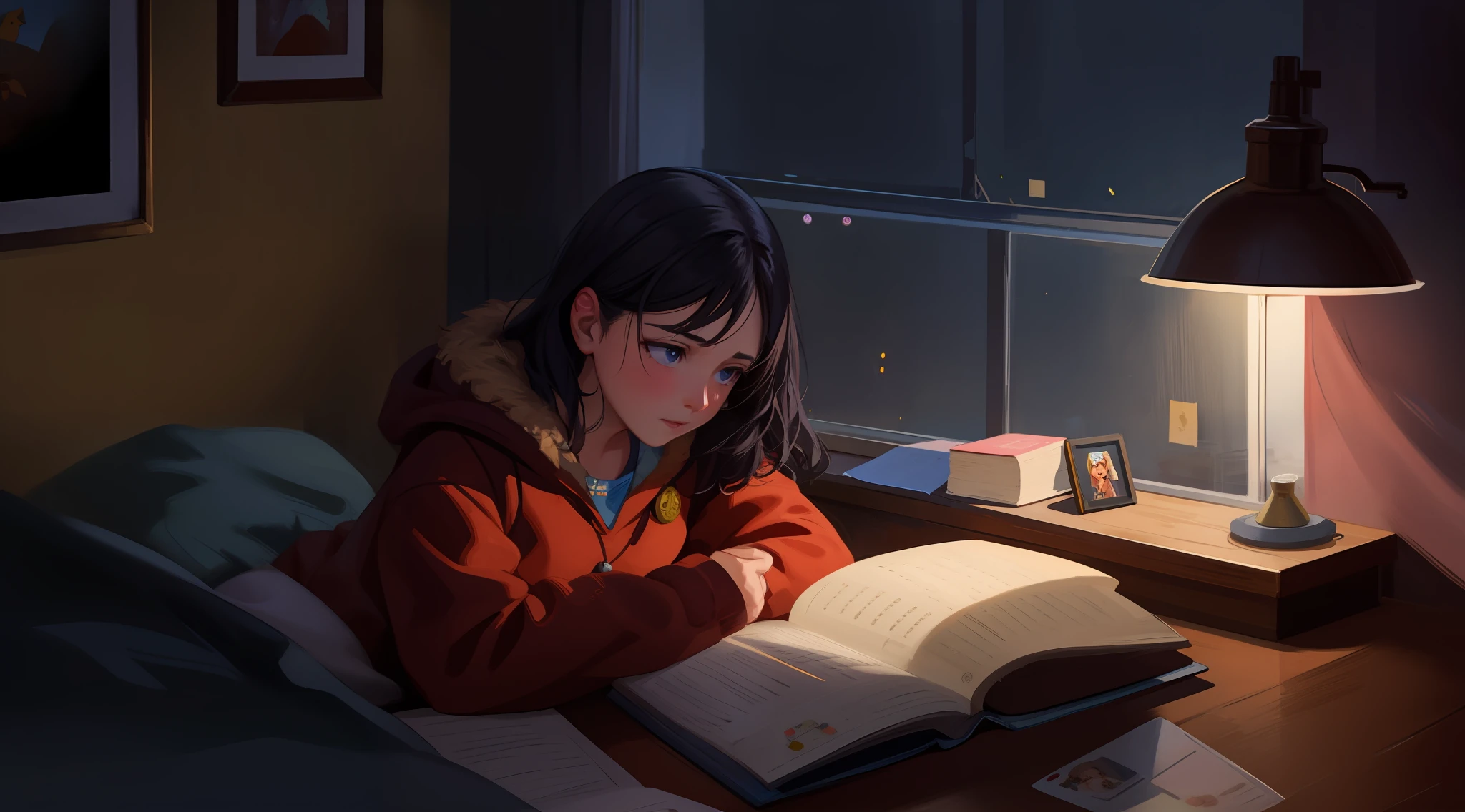 There's a girl reading a book in the dark through the window, pintura realista da menina bonito, retrato do livro, Procreate Illustration, Atey Ghailan 8 K, Ler um livro, Estudo noturno, Estudar, realistic illustration, Arte no estilo de Guweiz, Directed by: Atey Ghailan, painting digital adorable, por Yang J, estudar no quarto