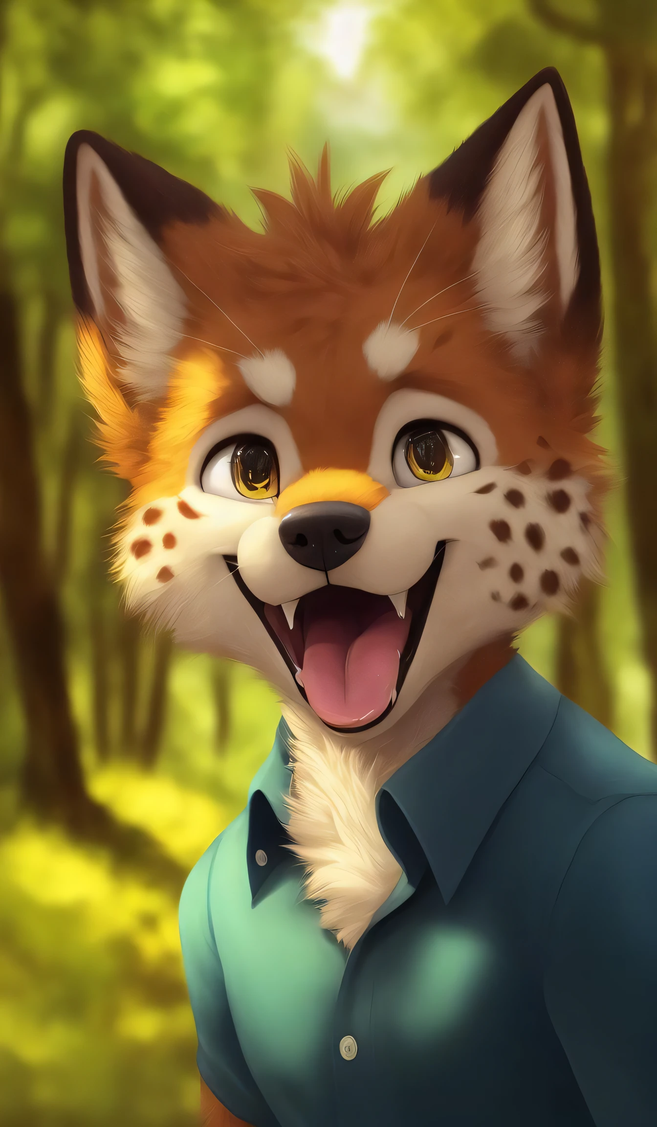 , mammal, plant, solo, clothing, anthro, tree, open mouth, fur, teeth, tongue, topwear, outside, nature, white body, forest, yellow eyes, white fur, whiskers, black nose, fangs, hi res, tuft, male, clothed, grass, bust portrait, spots, detailed background, shirt, nature background, portrait, day, open smile, smile, brown body, looking up, brown fur, inner ear fluff