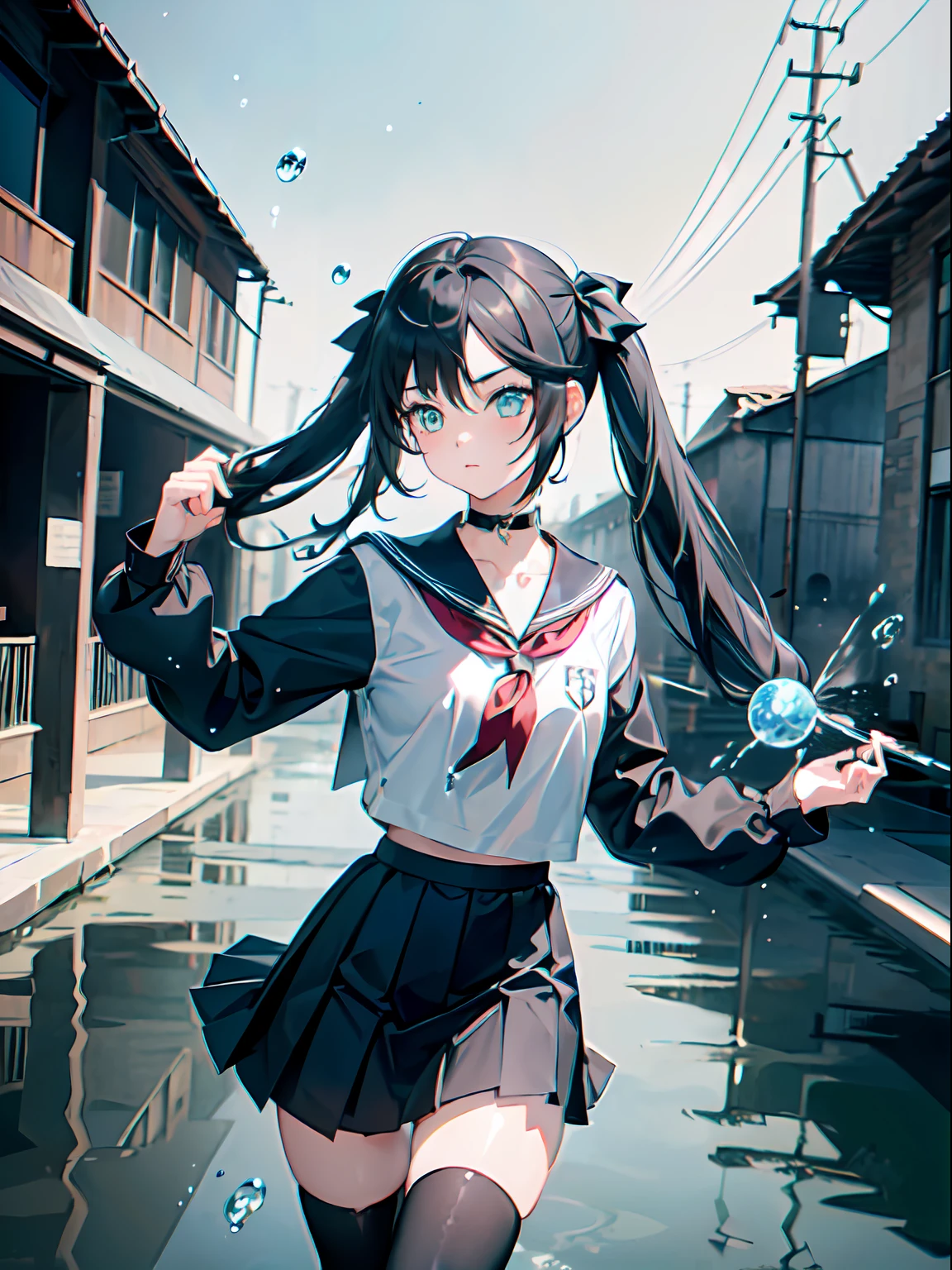 1girl, bangs, black_choker, (black_hair:1.2), black_legwear, (black_serafuku:1.1), book, (choker:1.2), (collarbone:1.2), long_sleeves, (school:1.2), (school_uniform:1.1), (serafuku:1.1), (skirt:1.1), solo, (twintails:1.1), (exterior), (school_courtyard:1.3), (field:1.2), (hydrokinesis:1.5), (dynamic angle), (dynamic_pose:1.2), (water_particle:1.3), (water_effect:1.3), (water_power:1.3), (water_control:1.4)