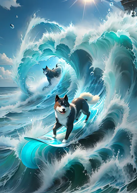 extreme sports photography、surfing、glide along huge waves、thrilling tension、shiba dog、shiba inu surfing、shiba inu close-up、mare、...