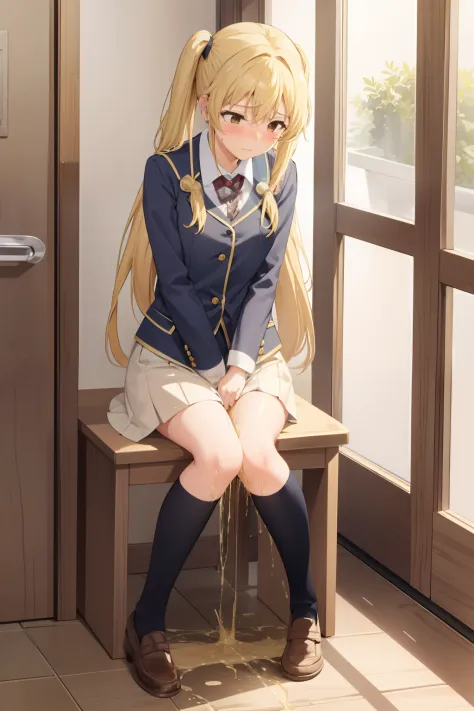 masterpiece, best quality, 1girl, solo, saotome mary, twintails, blonde hair, brown eyes, full bodylooking away, sitting, embarrassed, blushing, mouth closed, (girl leaking pee), (Peeing self), have to pee, she peeing to much,(girl is peeing self:0.5) ((pe...