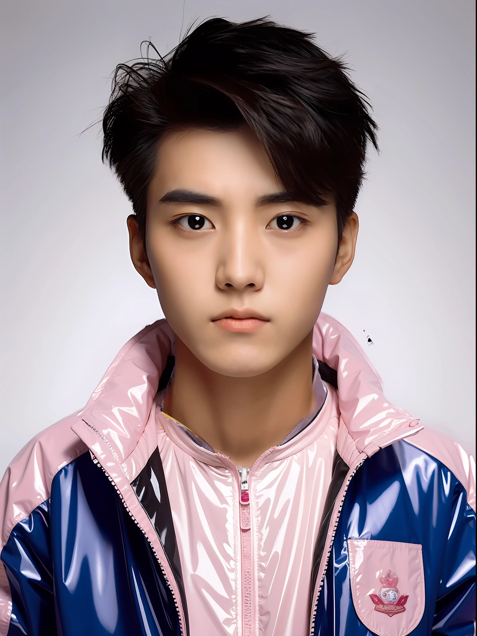 中国男高中生，穿着PVC浅粉色风暴夹克