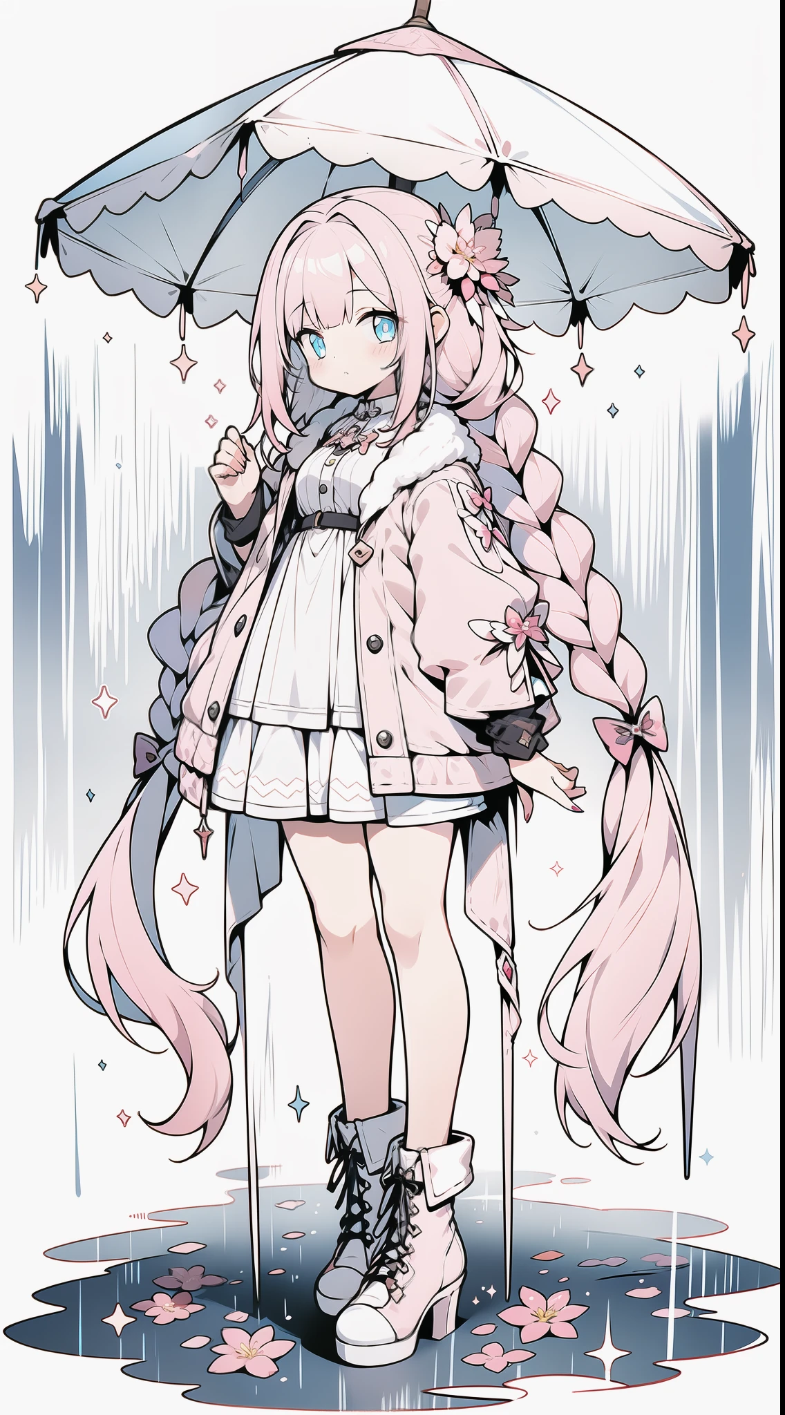 1girl, full body, wearing pink shorts with lace with jean texture, wearing parka in modern style fashion in color yellow,rainy day, foggy, gradient, multicolored hair, long hair in double braided pigtails hairstyle with separated bangs, blue bright eyes, big perfect eyes like diamonds, cute, character design, detailed, anime, official, flowers pattern, pink details with sparkles and brushes, clip studio paint, csp, psd