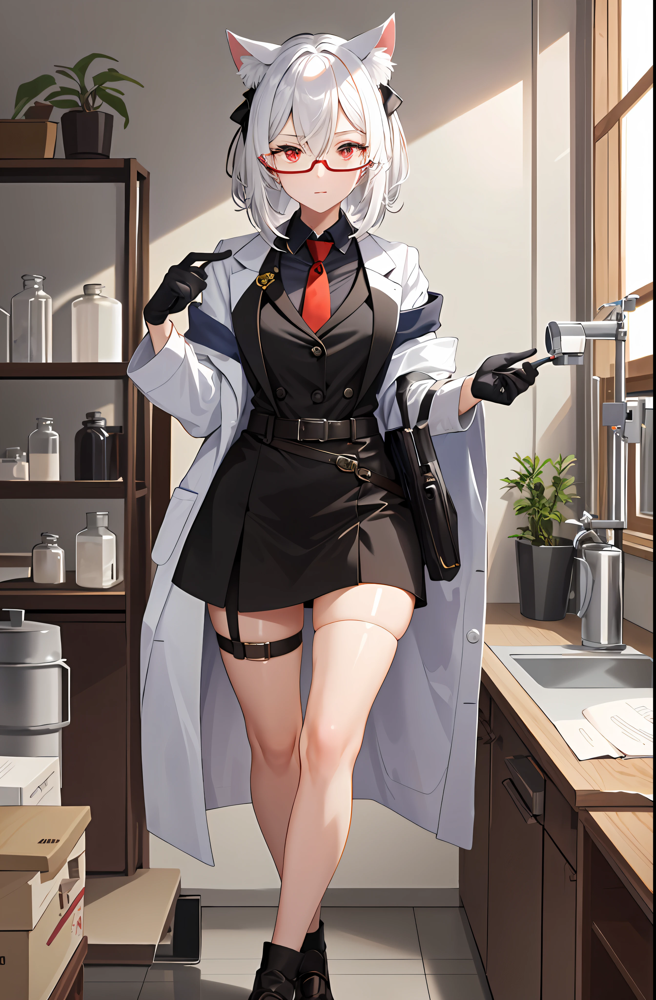 masterpiece, best quality, 1girl, laboratory, indoors, lab coat, white hair, red eyes, cat ears, necktie, round-bottom flask, glasses, gloves, microscope