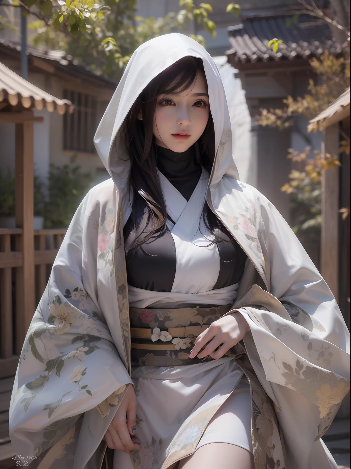 best quality, (Extremely detailed: 1.5), masterpiece, ultra high res,(photo realistic:1.4), 1 beautiful woman, black kimono, full body, (Nun;1.5), 40 years old,Dynamic Angle, Dynamic Sexy Pose, Wind, wearing a hood