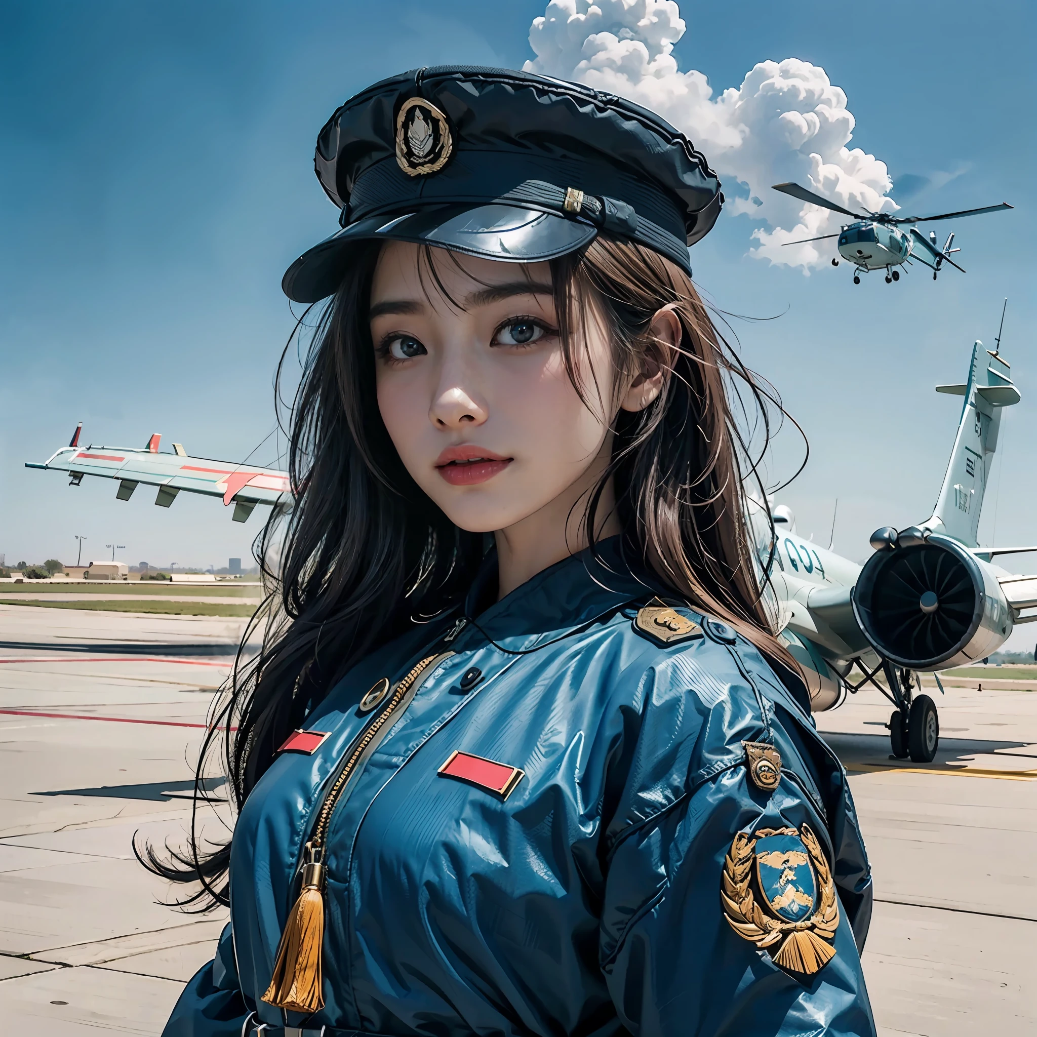 in a panoramic view，photorealestic，Modern style，Blue sky,baiyun，The helicopter is in the air，Air base in the desert，Stop in front of a fighter at the airfield，3girl，Wear modern Chinese Air Force uniforms，Sky blue sky camouflage uniform，Blue military dress，Wearing a black berets，Wear a Chinese sabre，Carry a pistol，Happy group photo in front of the plane，professinal，Meistwick，commissioned，best qualtiy，color corrected，After fixation，Retouching，Improvement，Epic，Tone-mapping，the detail， highly  detailed， digitial painting， art  stations， Conceptual map of the long dam， Smoothness， Sharp focus， Beautiful illustration， photore， The light from the back window is backlighted， 动态照明， Mist， 复杂， cinematic grain， professinal， face to the viewer，（Beautiful m3d_woman， Perfect M3D_face,）， Volumetriclighting， subsurfacescattering， Good highlights， Good shadows， cinematic ligh