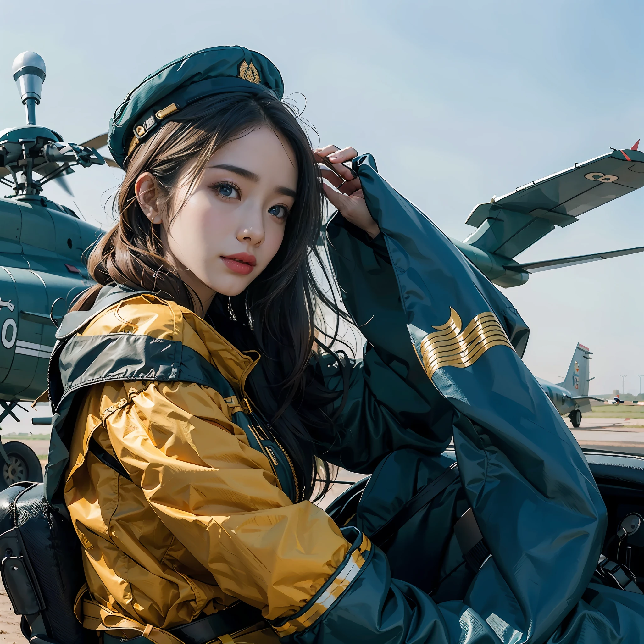 in a panoramic view，photorealestic，Modern style，Blue sky,baiyun，The helicopter is in the air，Air base in the desert，Stop in front of a fighter at the airfield，3girl，Wear modern Chinese Air Force uniforms，Sky blue sky camouflage uniform，Blue military dress，Wearing a black berets，Wear a Chinese sabre，Carry a pistol，Happy group photo in front of the plane，professinal，Meistwick，commissioned，best qualtiy，color corrected，After fixation，Retouching，Improvement，Epic，Tone-mapping，the detail， highly  detailed， digitial painting， art  stations， Conceptual map of the long dam， Smoothness， Sharp focus， Beautiful illustration， photore， The light from the back window is backlighted， 动态照明， Mist， 复杂， cinematic grain， professinal， face to the viewer，（Beautiful m3d_woman， Perfect M3D_face,）， Volumetriclighting， subsurfacescattering， Good highlights， Good shadows， cinematic ligh