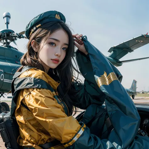 in a panoramic view，photorealestic，Modern style，Blue sky,baiyun，The helicopter is in the air，Air base in the desert，Stop in front of a fighter at the airfield，3girl，Wear modern Chinese Air Force uniforms，Sky blue sky camouflage uniform，Blue military dress，...