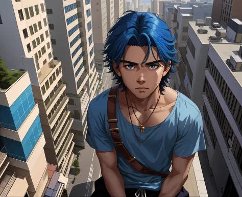 A 15-year-old boy with blue hair stands on the fifth floor on the roof of the high school looking at a city in the distance........