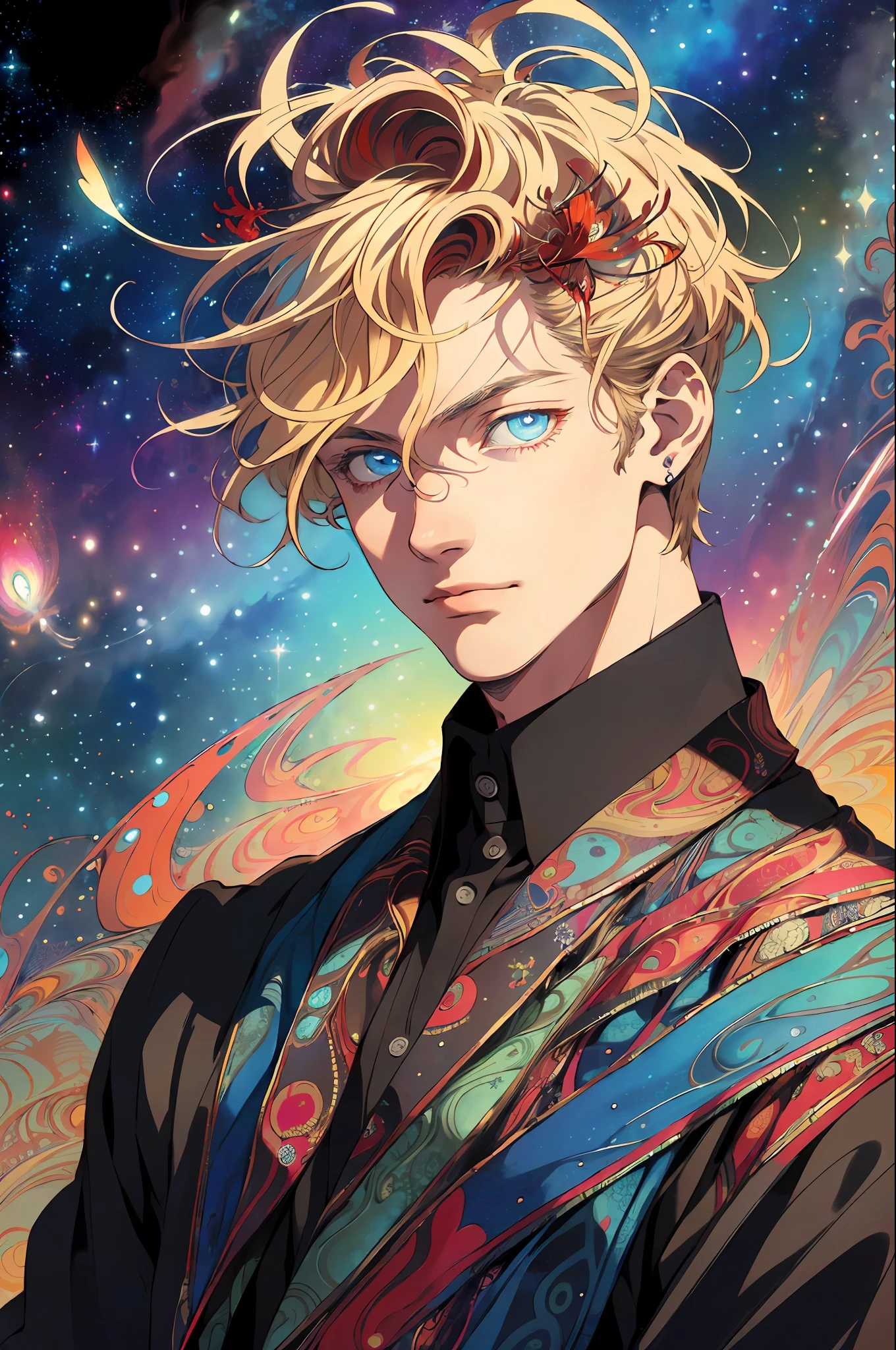Realistic, (Masterpiece, Top Quality, Best Quality, Official Art, Beauty and Aesthetics: 1.2), Very Detailed, Fractal Art, Colorful, Most Detailed, Zentangle, (Abstract Background: 1.5) (1boy: 1.3), God, Blonde Hair, Short Hair, (Glowing Blue Eyes), Mysterious, Starry Sky, Handsome Man, (((Lycoris radiata)))