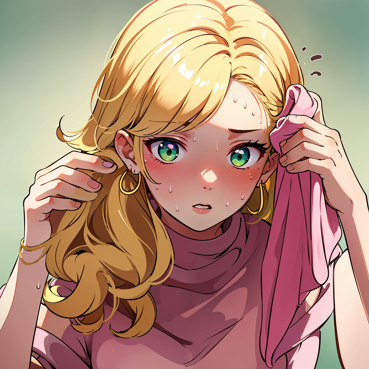 masterpiece, best quality, upper body, parted lips, 1girl, blonde hair, medium hair, green eyes, pink earrings, curly hair, pink sweater, off shoulder sweater, pink nails, sweating, nervous, towel, SweatingTowelGuy