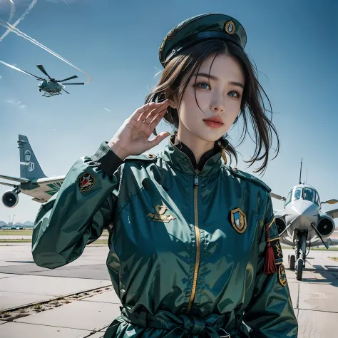 in a panoramic view，photorealestic，Modern style，Blue sky,baiyun，The helicopter is in the air，Air base in the desert，Stop in front of a fighter at the airfield，3girl，Wearing a modern Chinese Air Force uniform，Sky blue sky camouflage uniform，Blue military un...