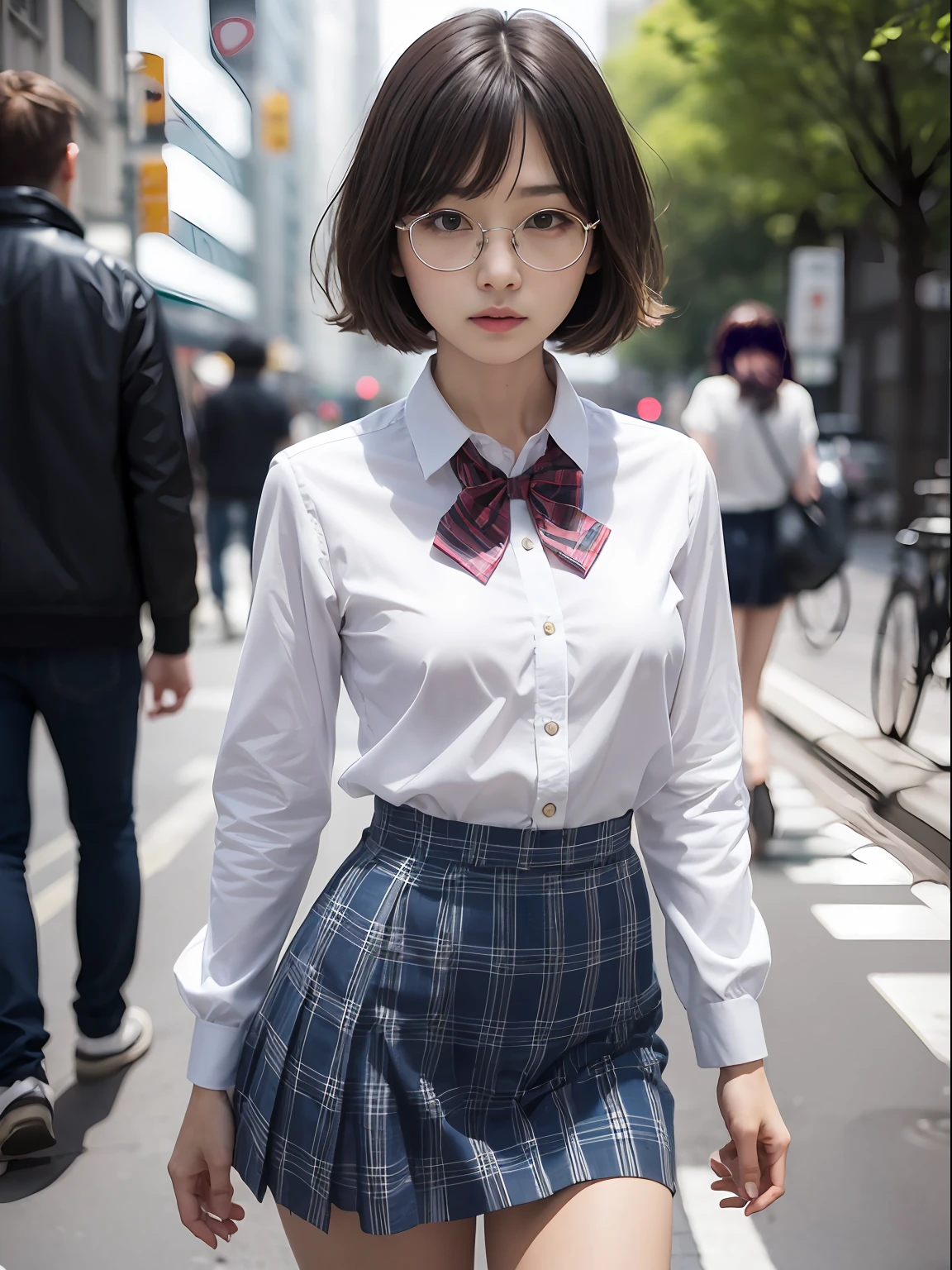 Arafed asian woman in a skirt and shirt walking down a street - SeaArt AI