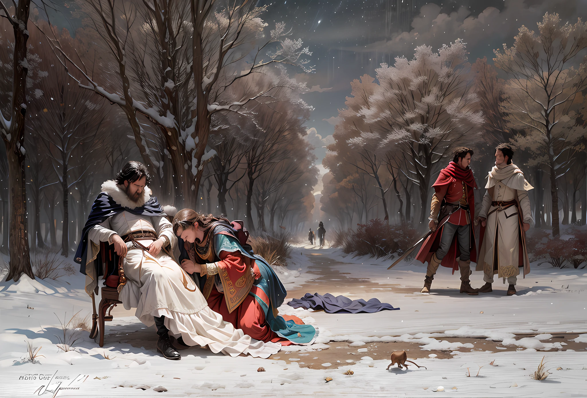 THE DUEL, PIERRE-AUGUSTE RENOIR, PIERRO DIES DRESSED IN WHITE, FRIENDS HOLD HIS BODY, SWORDS, MEN LEAVE THE SCENE, SNOW, WINTER, melhor qualidade, obra-Prima, trending on art station, quebrar, detalhado, realista, arte digital altamente detalhada 4k, octane rendering, bioluminescente, break 8K resolution concept art, Realismo, by Mappa Studios, obra-prima, melhor qualidade, Arte Oficial, illustration, Linha clara, (Fresco_Cor), perfect compositio, absurdos, fantasia, focado,