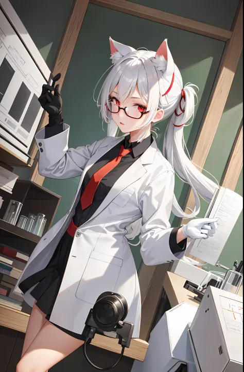 masterpiece, best quality, 1girl, laboratory, indoors, lab coat, white hair, red eyes, cat ears, necktie, round-bottom flask, gl...