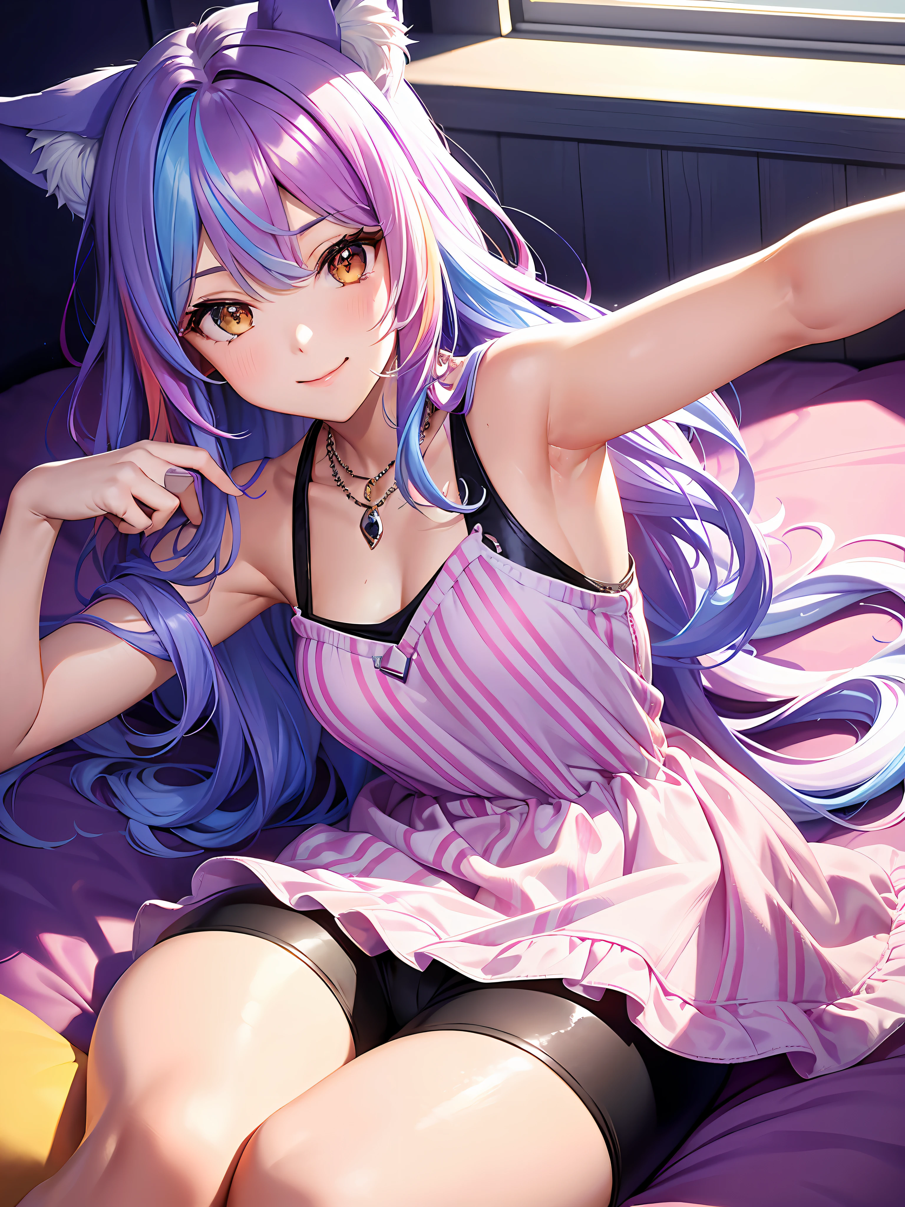 Close up, upper body, 1 girl, smile, wolf ears, wolf tail, random eyes: 10, hair between eyes, split color hair: 5, (((Colorful hair color: 1))))), (((Random hair color: 1)))), Colorful hairstyle: 5, Striped hair, Long hair, hair end jewels, (Cute random Cadeza tank top: 5 random hot pants figure in 5Cute interior with super luxurious bedroom with jewels, AI: 5, (on the bed: 15), laughing embarrassingly looking at the viewer: 15), jewels, AI super luxurious bedroom: 15), blush, night landscape,