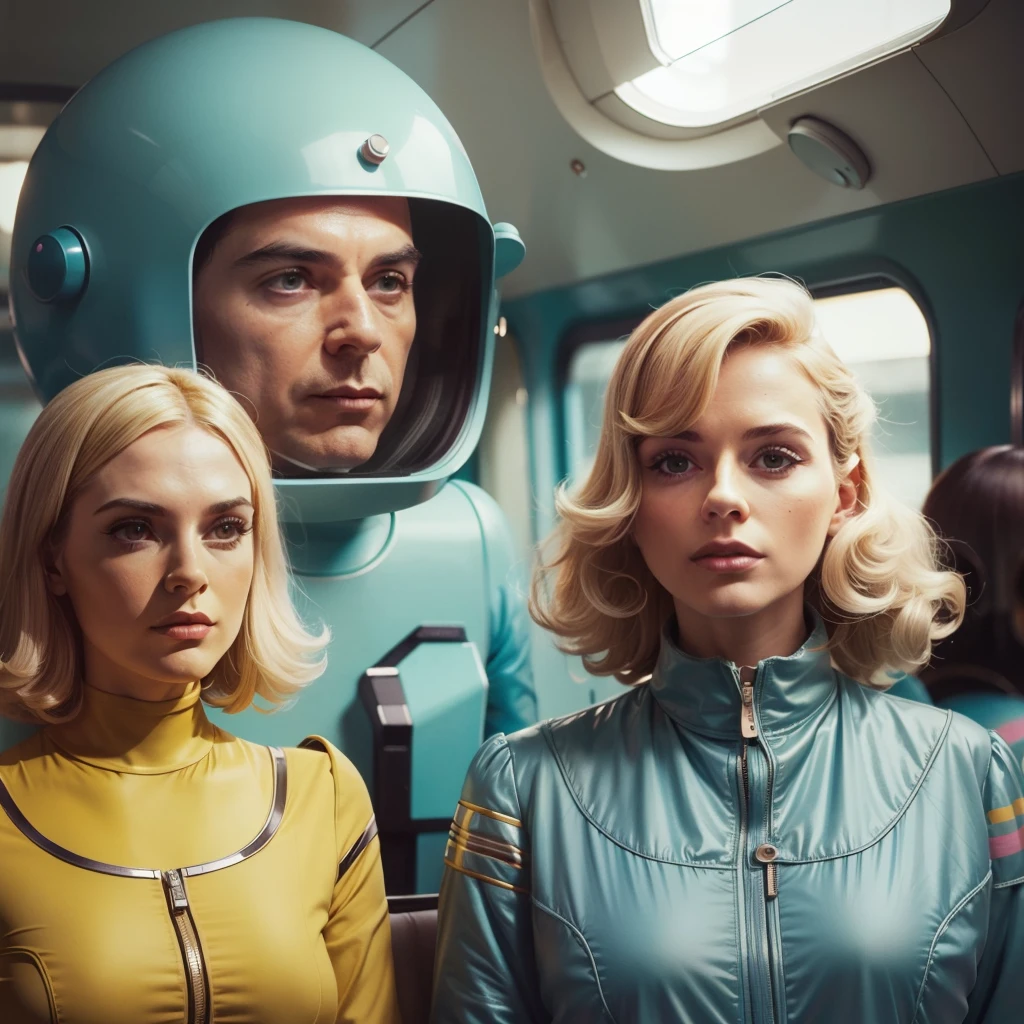 4k image from a 1960s science fiction film by Wes Anderson, Filme O Grande Hotel Budapeste, pastels colors, Young people wearing retrofuturistic alien masks and holding colorful suitcases and chests on the bus, Retro-futuristic fashion clothes from the 60s with old robots, Luz Natural, Psicodelia, futurista estranho, retro-futurista, photo-realistic, Sharp background details.