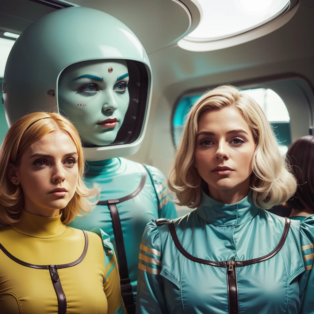 4k image from a 1960s science fiction film by Wes Anderson, Filme O Grande Hotel Budapeste, pastels colors, Young people wearing retrofuturistic alien masks and holding colorful suitcases and chests on the bus, Retro-futuristic fashion clothes from the 60s with old robots, Luz Natural, Psicodelia, futurista estranho, retro-futurista, photo-realistic, Sharp background details.