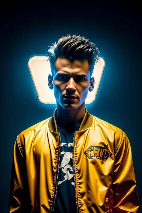 cinematic still shot, 1 man,  tshirt, punk hair style, yellow jacket, cyberpunk, moon surface, sand storm,  midnight, neon light...