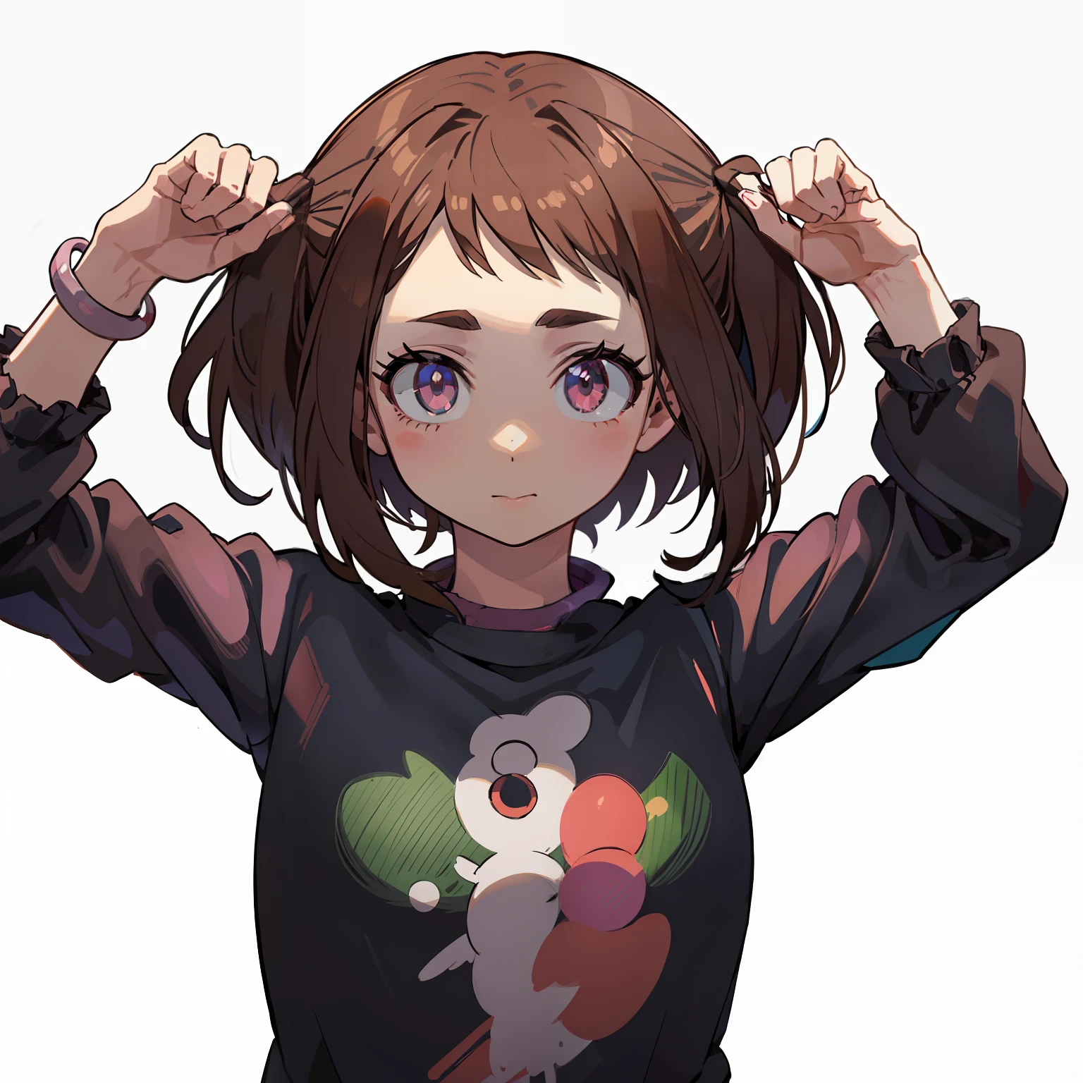 ((Uraraka Ochako)), ​masterpiece, random pose, radom background, minimalist art, detailded, meticulous art, No defects, character focus, detailed cenary, body providing, beautiful  face, Body cute, animated cartoon, arte anime, perfect art, perfectionism, (1girl), (独奏), (((max quality))), (adult  woman),