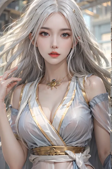 photorealistic, high resolution, 1women, solo, hips up, look at viewer, (detailed face), white hair, long hair, medium breasts, Taoist, elegant clothes