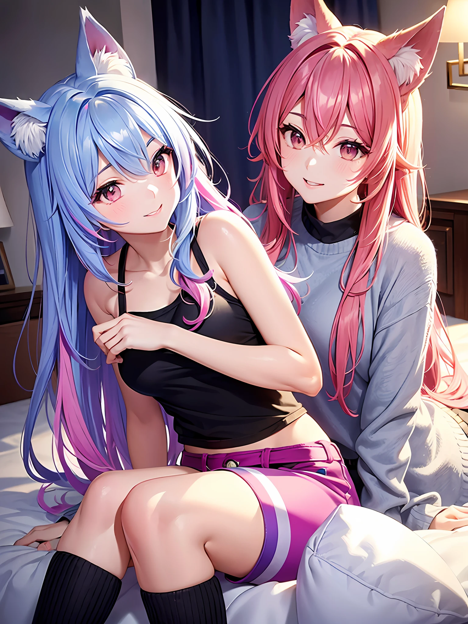 Close-up, upper body, 1 girl, smile, wolf ears, wolf tail, pink eyes, hair between eyes, split color hair: 5, ((((Colorful hair color: 1))))), (((Random hair color: 1)))), colorful hairstyle: 5, striped hair, long hair, hair end jewels, (cute random Cadeza tank top: 5 to 5 random hot pants figures: 15), Jewels, AI super luxurious bedroom and cute interior: 5, (On the bed: 15), sit in, embarrassingly look at the viewer and laugh, blush, night landscape,