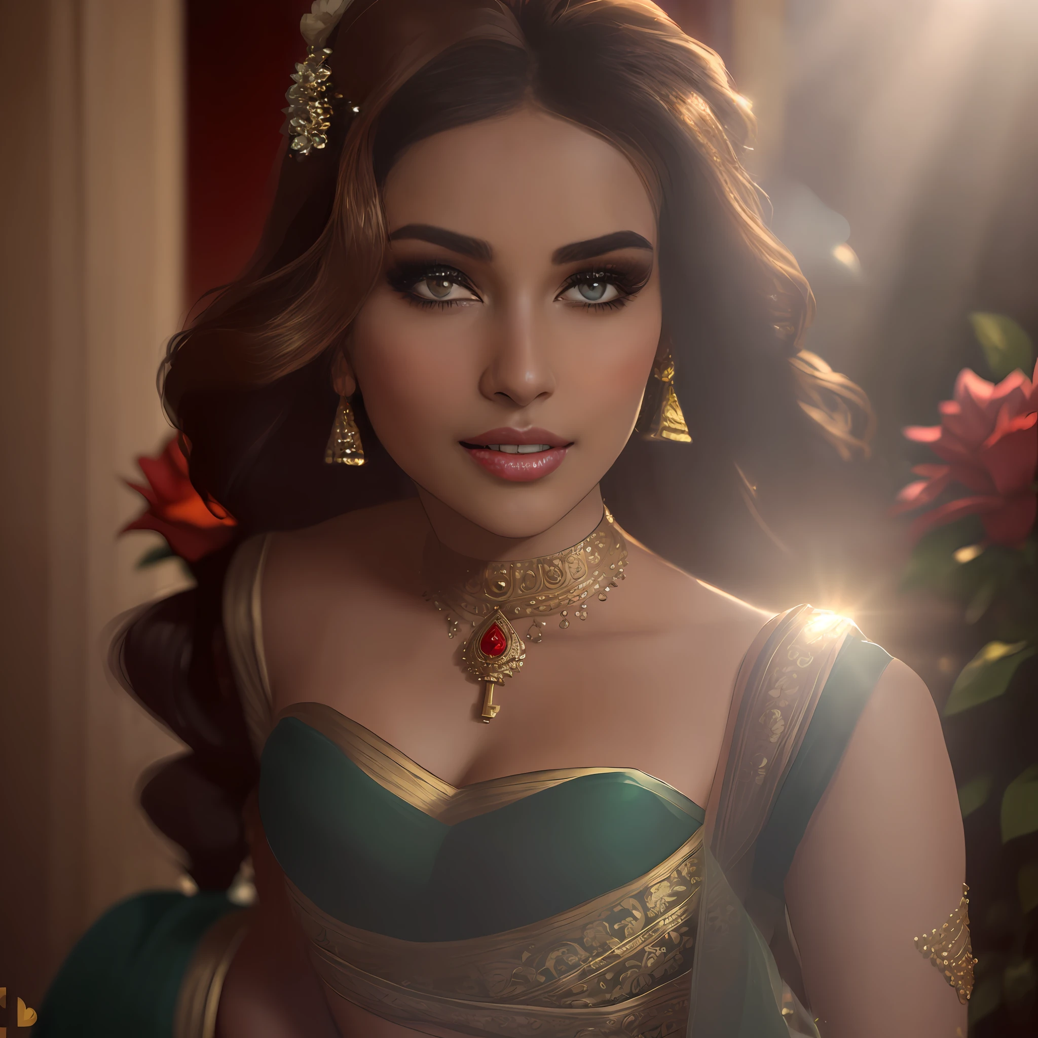 (obra maestra de fotografía de larga duración de un solo:1.2) seductor sexy alto con curvas (18 años) La princesa novia supermodelo india Ayesha Takia caminando (jardín:1.3), (luciendo un impresionante rojo nupcial & lehenga de oro & blusa:1.3). pura dupatta, maximalismo, (decoraciones florales de boda:1.3), (escote elegante & barriga), (maquillaje indio & joyas:1.2) Cabello castaño largo trenzado con reflejos.,, vivaz, mirada lujuriosa, regocijado (hermosos ojos detallados:1.1) , (sonrisa brillante y coqueta:1.2), (intensa y espectacular luz de la tarde:1.4), retroiluminado, llave de luz, Luz de llanta, rayos de luz, muy detallado, tendencia en artstation, salpicaduras de pintura, color rico, Retrato abstracto, por Atey Ghailan