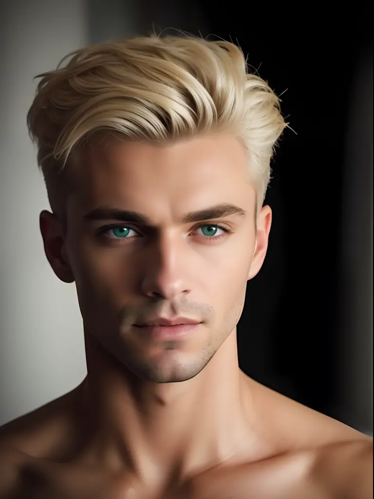 A photorealistic portrait of a insanely handsome lightly tanned Russian man with light make-up, extremely detailed light green e...