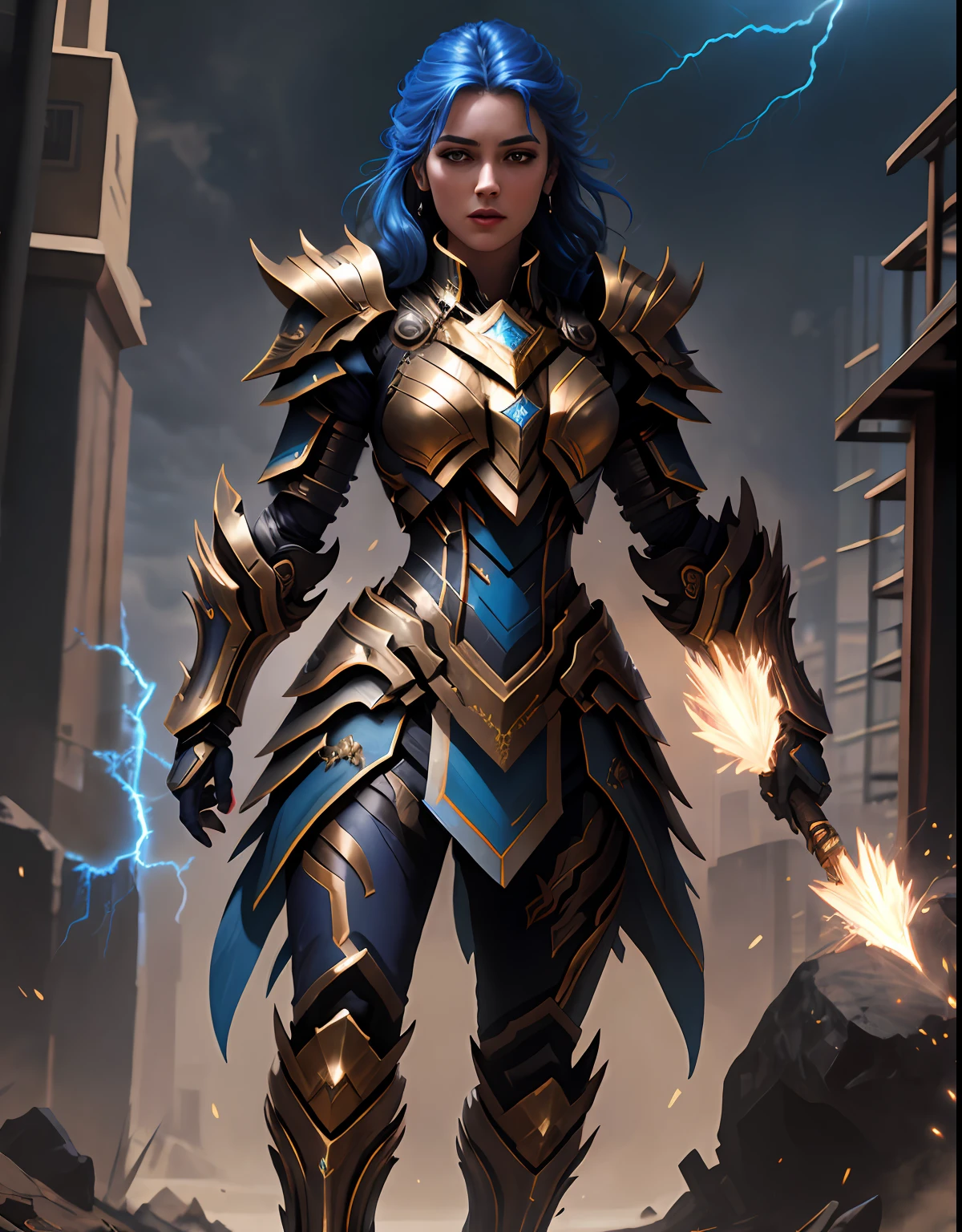 4k, Obra maestra, alta resolución, absurdos,
edgThunderstruck, a woman with a blue and gold armadura ,usando edgThunderstruck_armadura, electrificado, trueno