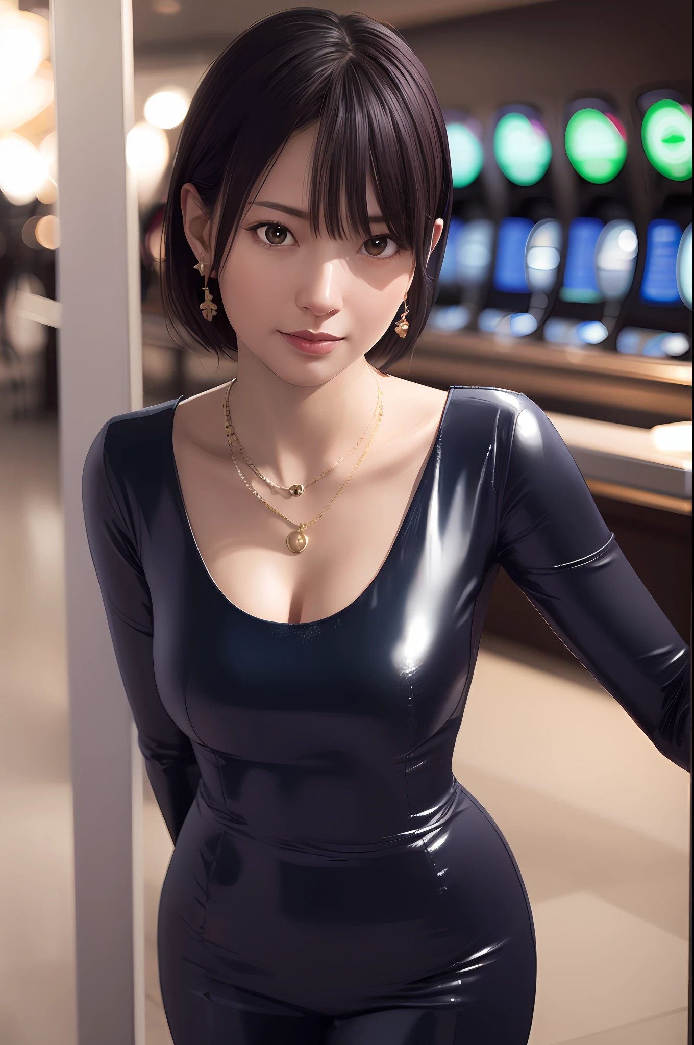 nagisa,  ultra realistic 8k cg, flawless, masterpiece, solo, 1girl, casino, rich, night dress, cutout, necklace, earring, golden, face focus, gleaming skin, elbow gloves, cleavage, shiny dress