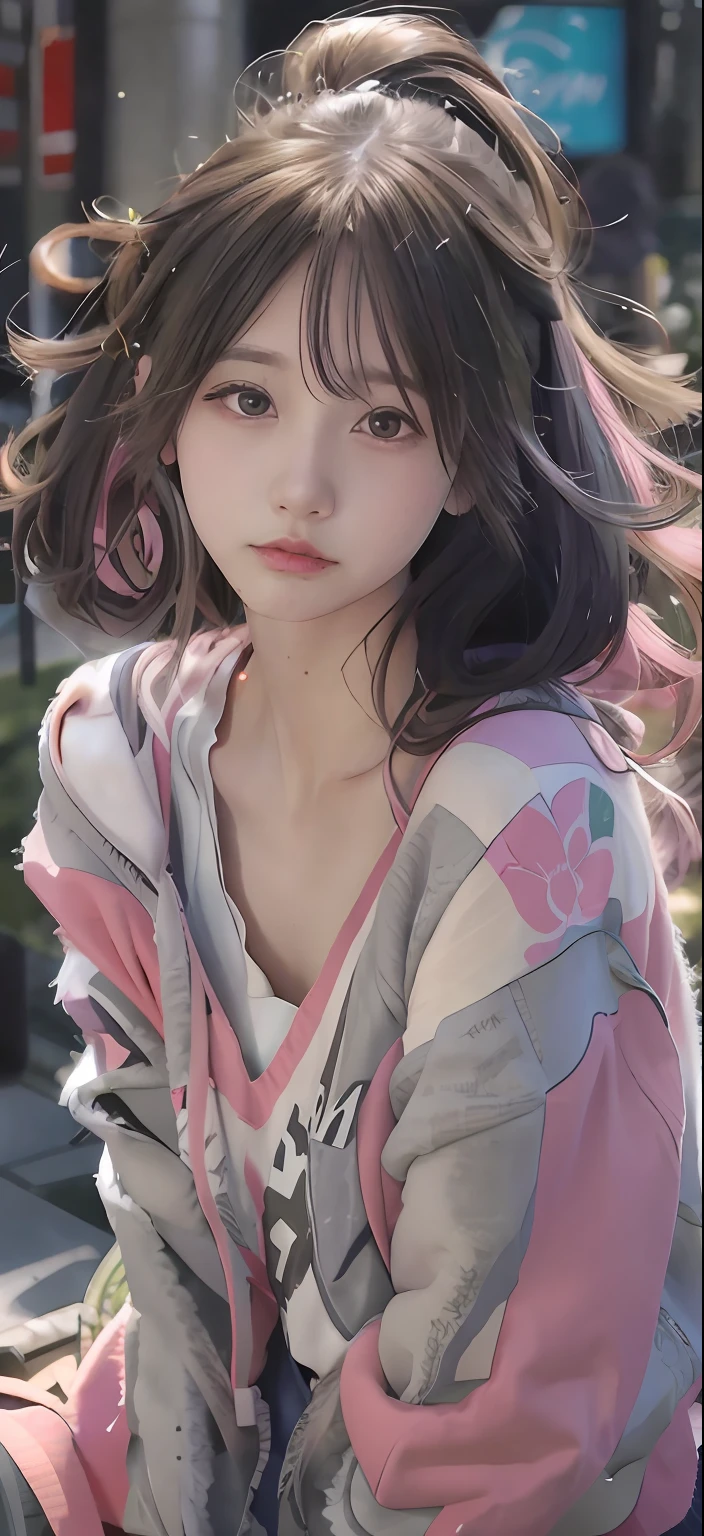 Close-up of a man in a pink and gray jacket, anime-inspired, Beautiful anime style, Beautiful anime girl, Anime girl in real life, Anime style mixed with Fujifilm, colorful pigtail, cute colorful adorable, a beautiful anime portrait, style of anime4 K, style of anime, Anime girl, Style anime, pretty anime girl, anime vibes, Anime style, with beautiful colors