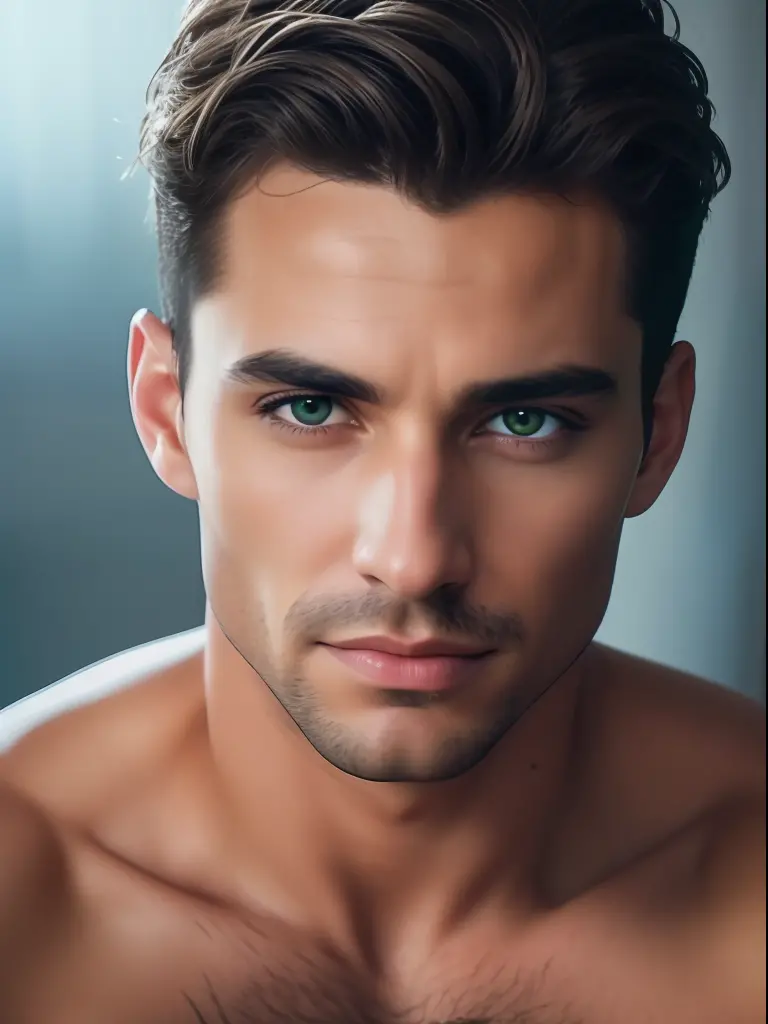 A photorealistic portrait of a insanely handsome lightly tanned Argentinian man with light make-up, extremely detailed light green eyes, sexy man, detailed symmetric realistic face, full lips, extremely detailed natural texture, peach fuzz, short messy lig...