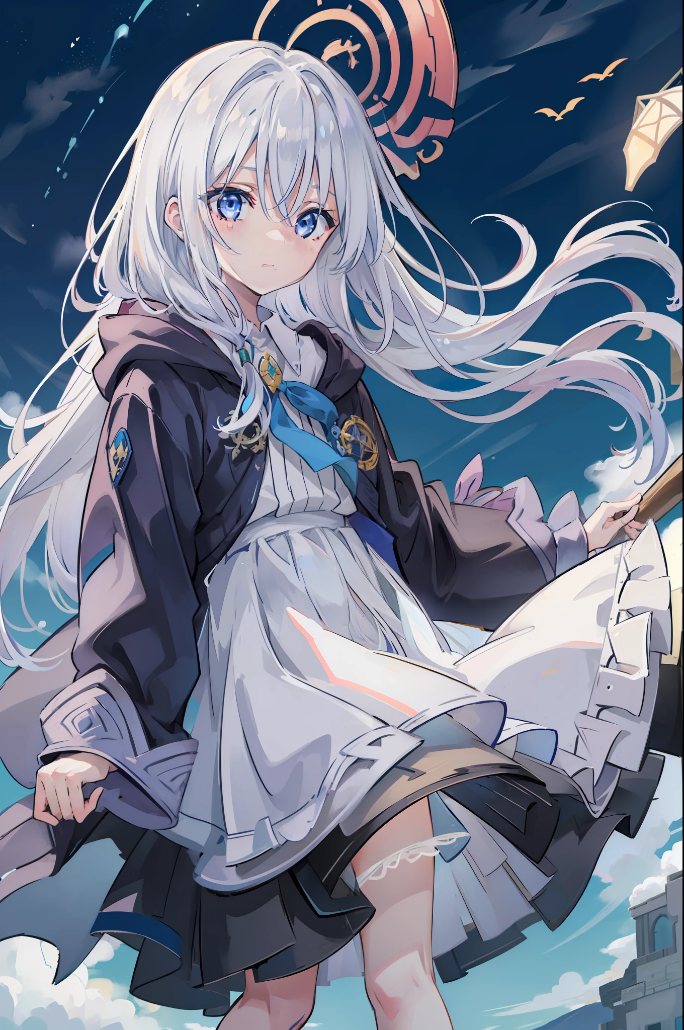 1 girl in、(((yileina)))、Long gray hair、Blue eyes、the witch、Ride a broom、are flying、Hair that flutters in the wind、Wide blue sky、beatiful lights、Mottled light、((Masterpiece Highest Quality:1.2)). [[bad face]], [[[multiple limbs]]]