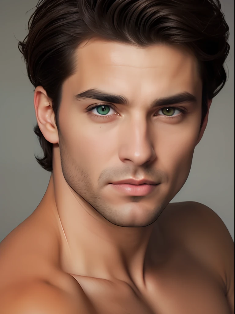 A photorealistic portrait of a insanely handsome lightly tanned Argentinian man with light make-up, extremely detailed light green eyes, sexy man, very masculine man, detailed symmetric realistic face, full lips, extremely detailed natural texture, peach fuzz, short messy light brown windy hair, masterpiece, absurdres, award winning photo by Francesco Scavullo, nikon d850 film stock photograph, kodak portra 400 camera f1.6 lens, extremely detailed, amazing, fine detail, rich colors, hyper realistic lifelike texture, dramatic lighting, unrealengine, trending on artstation, cinestill 800 tungsten, looking at the viewer, photo realistic, RAW photo, TanvirTamim, high quality, highres, sharp focus, extremely detailed, cinematic lighting, 8k uhd